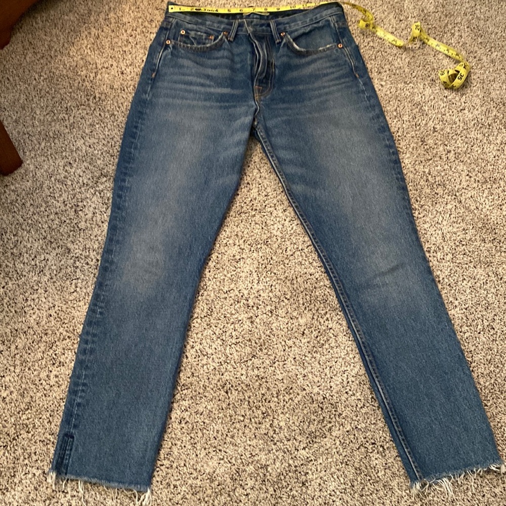 GRLFRND high waist skinny crop frayed jeans.